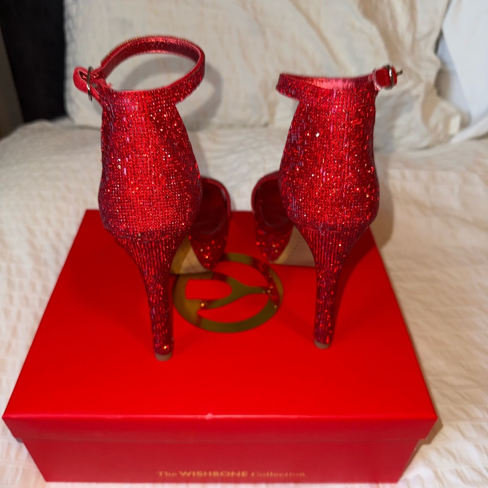 Red Rhinestone Stiletto Platform Heels with Ankle Strap | 7.5 - Picture 6 of 9